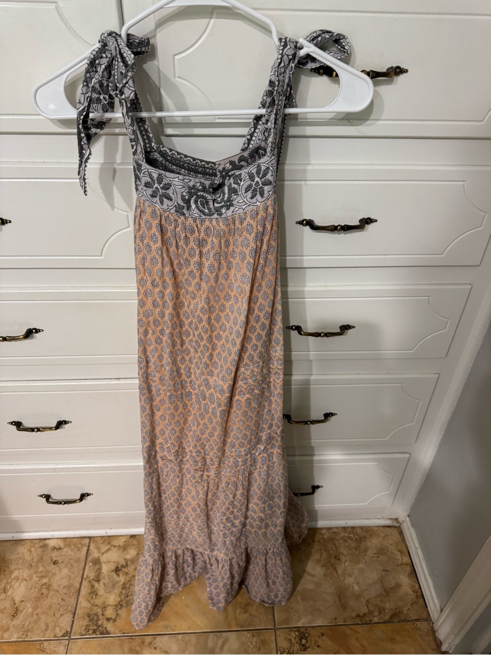 Cleobella Peach and Gray Tie-Shoulder Boho Maxi Dress